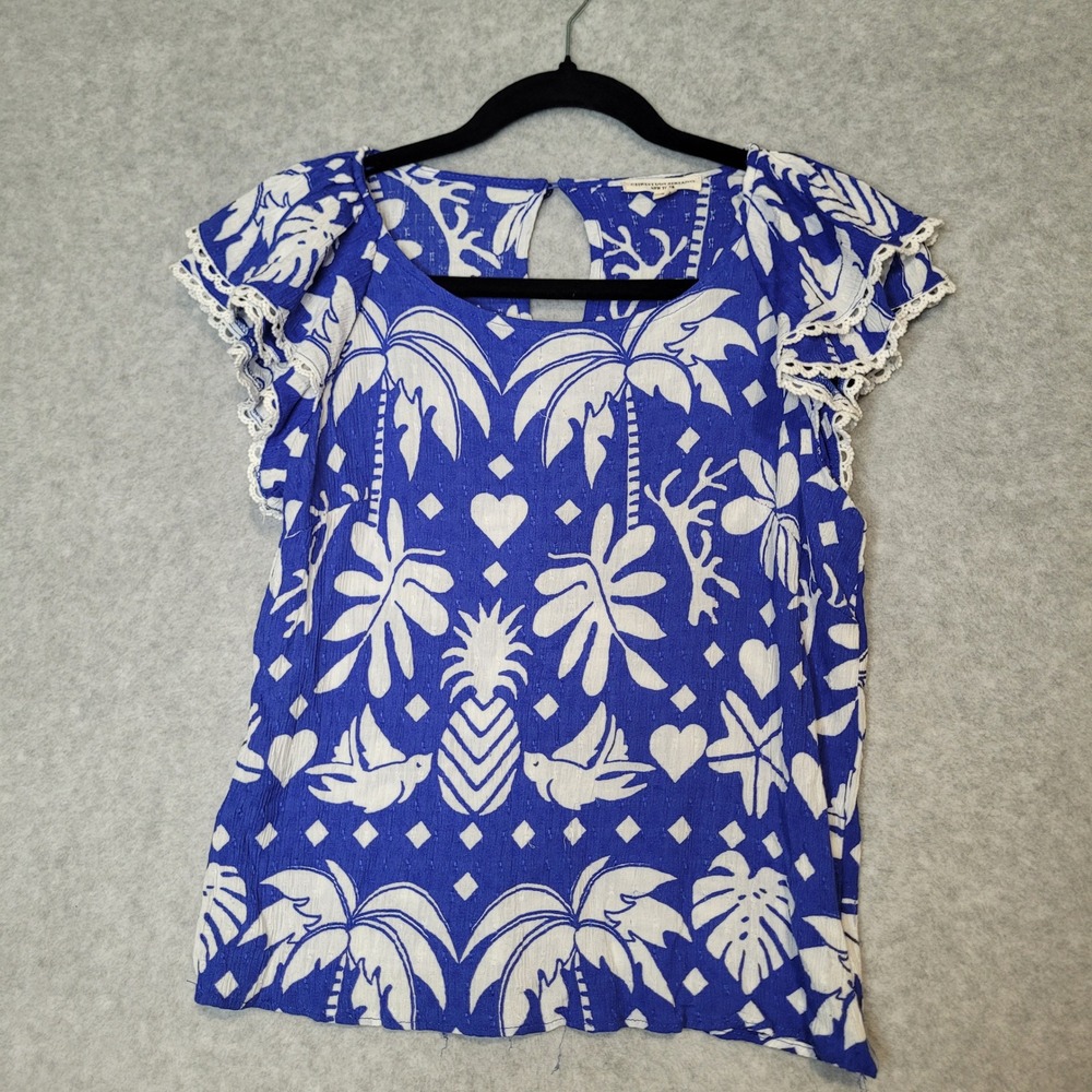 Christian Siriano Blue White Tropical Ruffle Sleeve Crochet Trim Blouse Medium